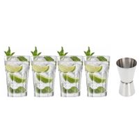 4x Cocktailglazen / Mojito glazen transparant 410 ml met RVS maatbeker / barmaatje