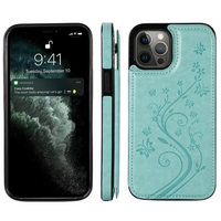 iPhone 15 Pro Max hoesje - Backcover - Pasjeshouder - Portemonnee - Bloemenprint - Kunstleer - Turquoise - thumbnail