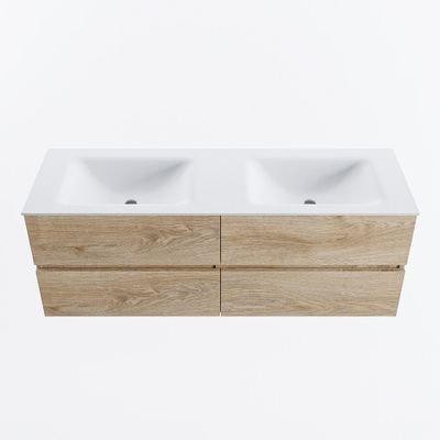 MONDIAZ VICA 140cm badmeubel onderkast Washed Oak 4 lades. Wastafel CLOUD dubbel 2 kraangaten, kleur Talc.