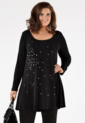 Yoek Shirt wide bot strass | Zwart | Maat Plus
