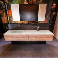 Badkamermeubelset Mondiaz Erin 200 cm met 2 Lades met RIDGE Wastafel Links Linen Zonder Kraangaten Greeploos Mat Washed Oak