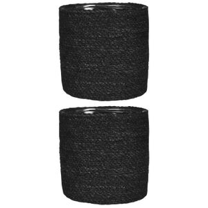 2x stuks naturel zwart rotan planten pot mand van gedraaid jute/riet H20 en D20 cm