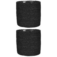 2x stuks naturel zwart rotan planten pot mand van gedraaid jute/riet H20 en D20 cm - thumbnail