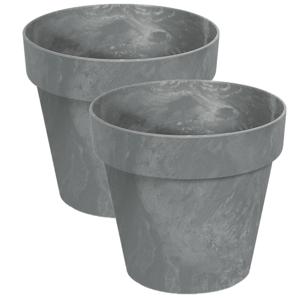 Bloempot/plantenpot - Set van 2x stuks - betonlook - grijs - kunststof - Dia 14 cm