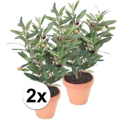 Kunstplant Olijf boompje - 2x - groen - 35 cm - in terracotta pot - Olijfplant - kamerplant
