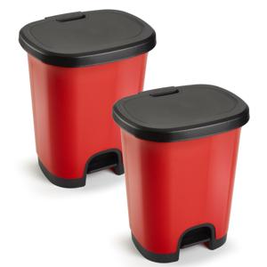 Plasticforte Pedaalemmer - 2x - rood/zwart - 18 liter - 33 x 28 x 40 cm - kunststof - afval