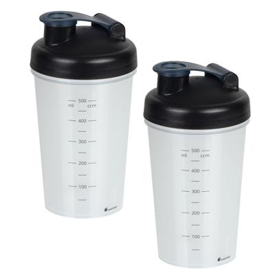 Shakebeker/shaker/bidon - 2x - 600 ml - zwart - kunststof
