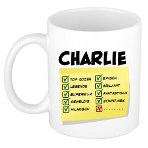 Naam mok Charlie - wit - top gozer - keramiek - 300 ml - cadeau collega beker