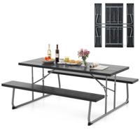 Opvouwbare Picknicktafel met 2 Banken 183 cm Campingtafelset met Metalen Frame Weerbestendig Hdpe-Tafelblad en Parasolgat