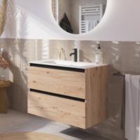 Saqu Gaia badmeubel incl. mat witte keramische wastafel 80x46x61cm naturel eiken - zwarte greeplijst