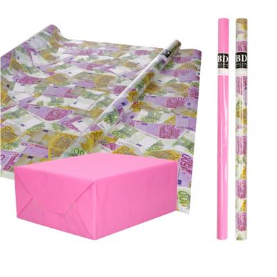 Inpak/cadeau papier - set van 4x stuks rollen - euro geld biljetten - roze - Rich and Famous thema