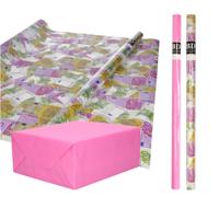 Inpak/cadeau papier - set van 4x stuks rollen - euro geld biljetten - roze - Rich and Famous thema