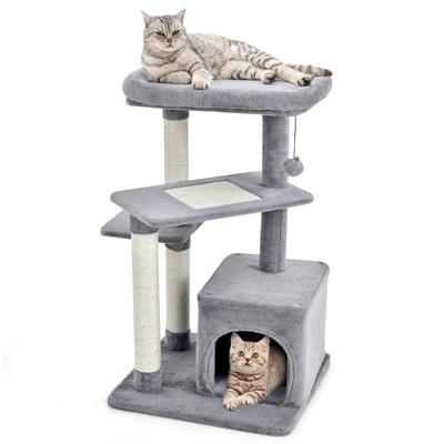 85 cm Krabpaal met Kattennest en Sisalpalen Klimrek voor Katten met 4 Niveaus Hangende Bal en Zitstok Grijs