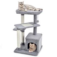 85 cm Krabpaal met Kattennest en Sisalpalen Klimrek voor Katten met 4 Niveaus Hangende Bal en Zitstok Grijs