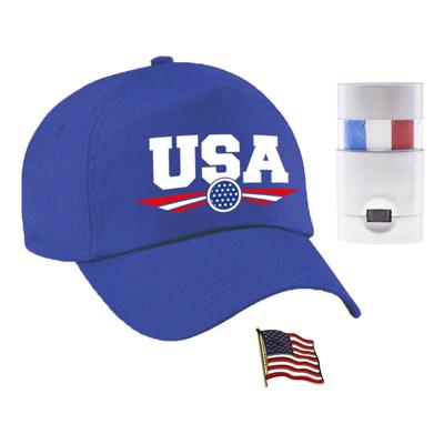 Amerika USA supporters setje - baseballcap blauw - vlag kleur schminkstift - broche - volwassenen