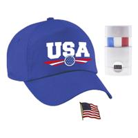 Amerika USA supporters setje - baseballcap blauw - vlag kleur schminkstift - broche - volwassenen