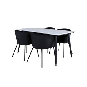 Jimmy150 eethoek eetkamertafel uitschuifbare tafel lengte cm 150 / 240 wit en 4 Berit eetkamerstal velours zwart.