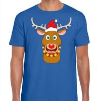 Foute Kerst t-shirt rendier Rudolf rode kerstmuts blauw heren - thumbnail