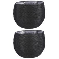 2x stuks naturel zwart rotan planten pot mand van gedraaid jute/riet H19 en D22 cm - thumbnail