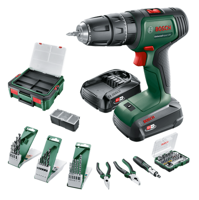 Bosch Groen UniversalImpact 18V | Accuklopboorschroevendraaier | 1.5 Ah + 2.5 Ah accu + lader | + SystemBox en 46-delige accessoiresset 06039D4108