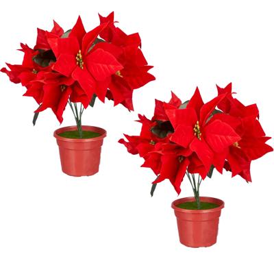 Kunstplant Kerstster - 2x -?Poinsettia - rood - H30 cm - nepplant - kerstplant - kamerplant