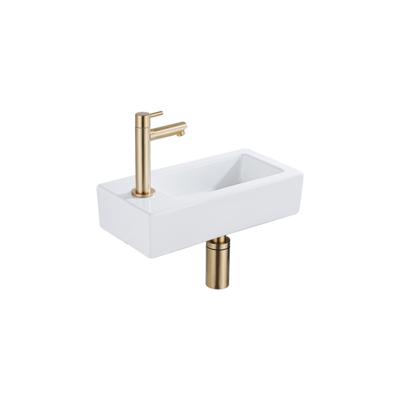QeramiQ Fuente Fonteinset - 37.5x18.5x9cm - keramiek - kraangat links - fonteinkraan geborsteld messing - afvoerplug - verlaagd sifon - Glans wit SW1122449/SW696208/SW696218/SW696238