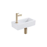 QeramiQ Fuente Fonteinset - 37.5x18.5x9cm - keramiek - kraangat links - fonteinkraan geborsteld messing - afvoerplug - verlaagd sifon - Glans wit SW1122449/SW696208/SW696218/SW696238