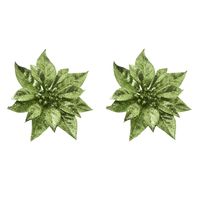 2x stuks decoratie bloemen kerstster groen glitter op clip 18 cm