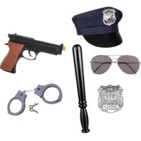 Carnaval verkleed set XL - politie agent - pet/knuppel/badge/pistool/zonnebril/handboeien - thumbnail