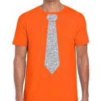 Carnaval verkleed t-shirt - met zilveren glitter stropdas - oranje - voor heren - disco - glamour