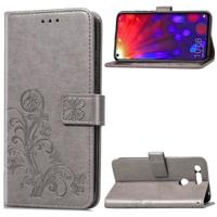 Lucky Clover ingedrukt bloemen patroon lederen draagtas voor Huawei V20 met houder & kaartsleuven & portemonnee & hand strap (grijs)