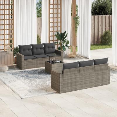 7-delige Loungeset met kussens poly rattan grijs
