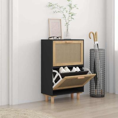 Schoenenkast 52x25x80 cm bewerkt hout en rattan zwart