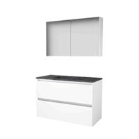 Basic-Line Comfort 46 Badkamermeubelset - 100 x 46 cm - Greeploos - 2 Lades - Hardstenen Wastafel - Zonder Kraangat - Spiegelkast - Ice White