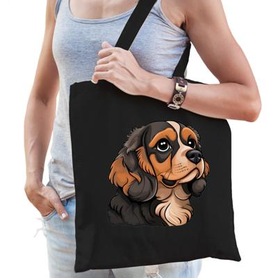 Cadeau tas voor hondenliefhebbers - zwart - Cavalier Kingcharles Spaniel - cartoon - katoen - 42 x 3