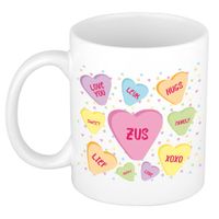 Cadeau koffiemok voor zus/zusje - hartjes snoepjes - wit - verjaardag kado - mok met tekst