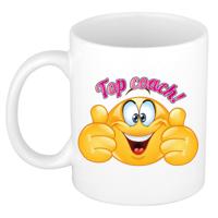 Cadeau koffie/thee mok - duim omhoog smiley - top coach/trainer - roze - 300 ml - keramiek Cadeau koffie/thee mok - duim omhoog smiley - top coach/trainer - roze - 300 ml - keramiek