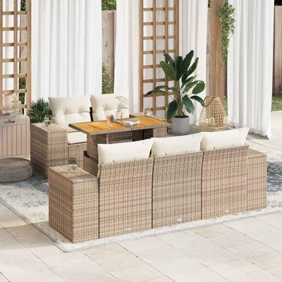 6-delige Loungeset met kussens poly rattan beige