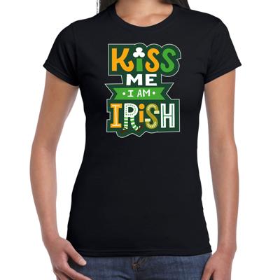 St. Patricks day t-shirt - zwart - voor dames - Kiss me im Irish - Ierse feest kleding / outfit