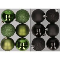 12x stuks kunststof kerstballen mix van appelgroen en zwart 8 cm   - - thumbnail