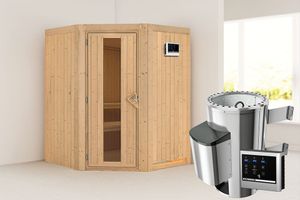 Karibu | Nanja Sauna met Dakkraag | Energiesparende Deur | Kachel 3,6 kW Externe Bediening
