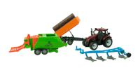 Tractor Set Met Ploeg, Balenmaker En Stammenaanhangers 37cm - thumbnail