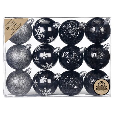 Kerstballen gedecoreerd - 12x st - zwart - 6 cm -kunststof Kerstballen gedecoreerd - 12x st - zwart - 6 cm -kunststof