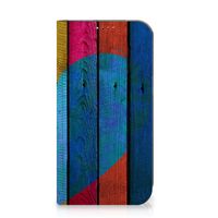 iPhone 15 Book Wallet Case Wood Heart - Cadeau voor je Vriend