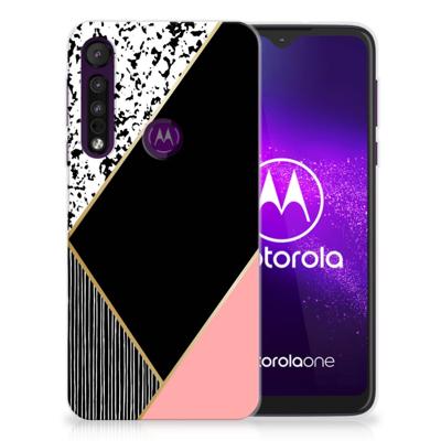 Motorola One Macro | TPU Hoesje | Zwart Roze Vormen