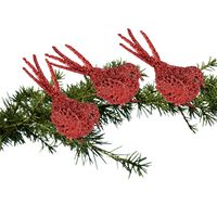 3x Kerstboomversiering glitter rode vogeltjes op clip 12 cm