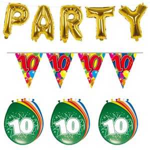 Verjaardag feestversiering 10 jaar PARTY letters en 16x ballonnen met 2x plastic vlaggetjes