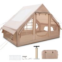 Opblaasbare Campingtent voor 4-6 Personen Waterdichte Lucht Tent met Pomp met Muskietennetten 2 Deuren Beige