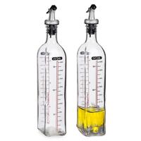 Azijn/Olie fles met inhoud meter in ml - 2x - glas - met schenktuit - olijfolieflessen - 500 ml - thumbnail