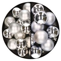 28x stuks kunststof kerstballen zilver 4 en 6 cm   -